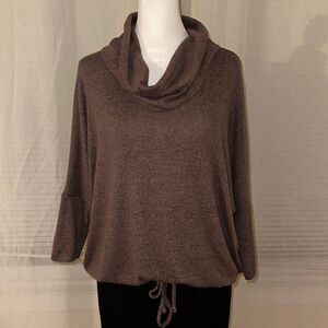 Green Envelope M Brown Heather Knit Cowl Neck Tie Waist Oversized Crop Sweater